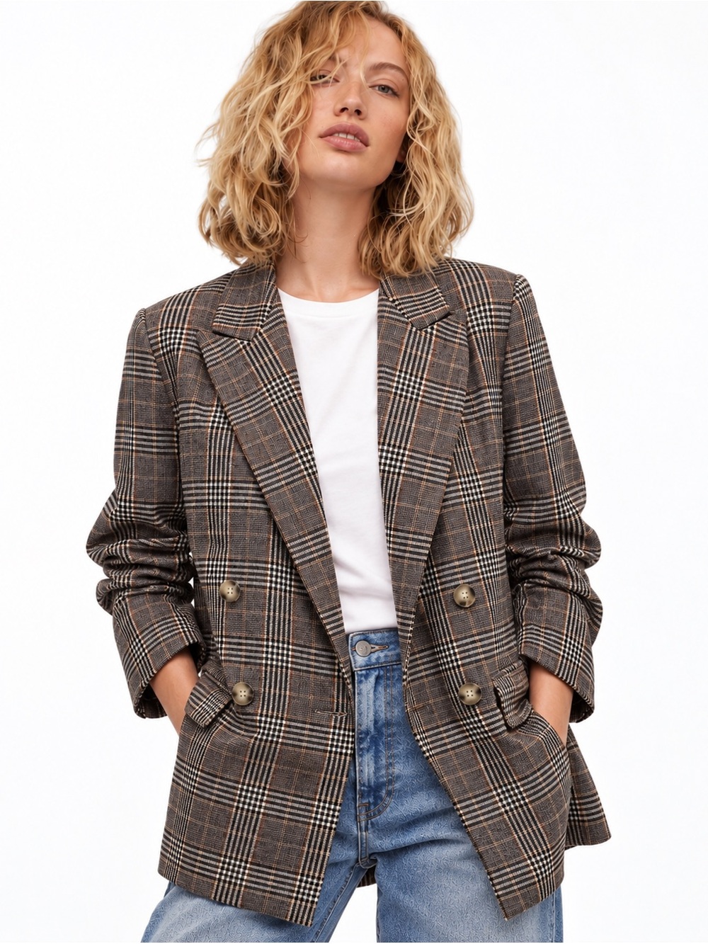 H&M Oversized Double-breasted plaid check blazer Small